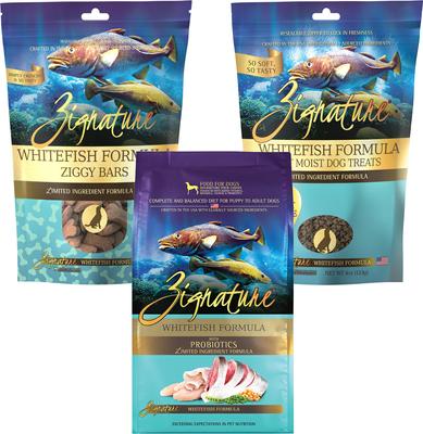 Paquete: Alimento seco Zignature Whitefish con fórmula de ingredientes limitados (bolsa de 5,7 kg) + Galletas Ziggy Bars (bolsa de 355 g) + Golosinas blandas para perros (bolsa de 113 g)