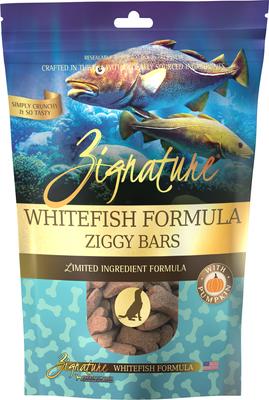 Paquete: Alimento seco Zignature Whitefish con fórmula de ingredientes limitados (bolsa de 5,7 kg) + Galletas Ziggy Bars (bolsa de 355 g) + Golosinas blandas para perros (bolsa de 113 g)