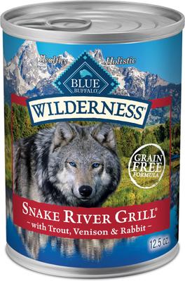 Comida enlatada para perros Wilderness Snake River Grill con fórmula para trucha, venado y conejo, sin cereales, 12.5 oz (caja de 12)