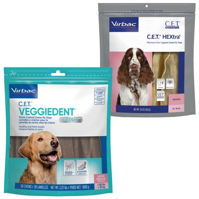 Bundle: Virbac C.E.T. HEXtra for Large Dogs + VeggieDent Fr3sh Dental Chews for Large Dogs