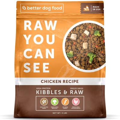 Comida para perros cruda liofilizada y croquetas ricas en proteínas con receta de pollo "Raw You Can See", bolsa de 15 lb