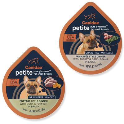 Bundle: CANIDAE PURE Petite Small Breed Pottage Style Dinner with Duck & Pumpkin Breed + Small Breed Fricassee Style Dinner with Turkey & Green Beans Wet Dog Food Trays