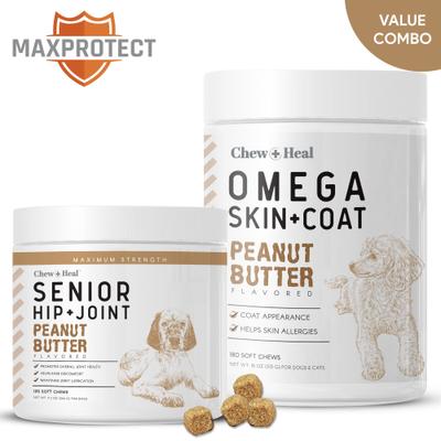 MaxProtect Hip + Joint & Omega Skin + Coat Chicken & Peanut Butter Flavored Soft Chews Supplement for Senior Dogs, 300 count