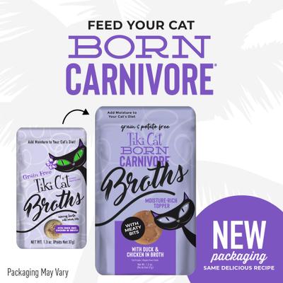 Caldos Born Carnivore con pato y pollo en caldo, alimento húmedo sin cereales para gatos, bolsa de 1.3 oz, caja de 12