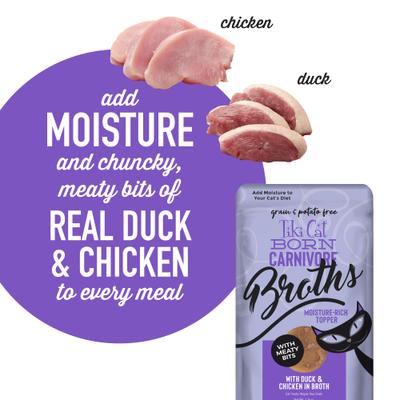 Caldos Born Carnivore con pato y pollo en caldo, alimento húmedo sin cereales para gatos, bolsa de 1.3 oz, caja de 12