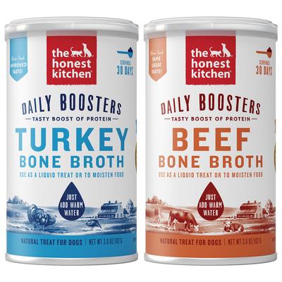 Paquete: Caldo de hueso de res The Honest Kitchen Daily Boosters + Caldo de hueso de pavo con cúrcuma The Honest Kitchen Daily Boosters para perros