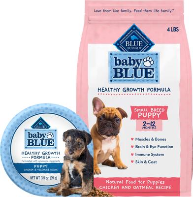 Paquete: Alimento seco para cachorros de raza pequeña Blue Buffalo Baby BLUE Healthy Growth Formula, receta de pollo y avena con arroz, 4 lb + taza de alimento húmedo, receta de pollo y vegetales