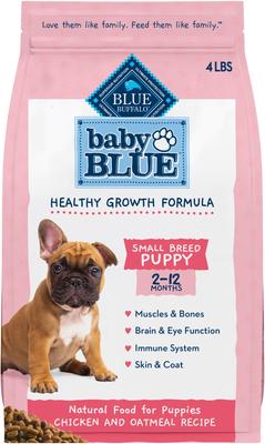 Paquete: Alimento seco para cachorros de raza pequeña Blue Buffalo Baby BLUE Healthy Growth Formula, receta de pollo y avena con arroz, 4 lb + taza de alimento húmedo, receta de pollo y vegetales