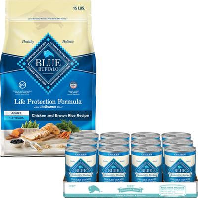 Paquete: Alimento seco Blue Buffalo Life Protection Formula con pollo y arroz integral + Comida enlatada para perros con pollo, verduras de la huerta y arroz integral, receta casera