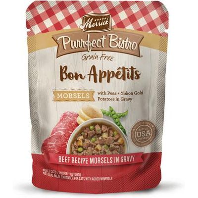 Purrfect Bistro Bon Appetits - Bocados de carne de res sin cereales en salsa, bolsas de alimento para gatos adultos, 3 oz, caja de 24