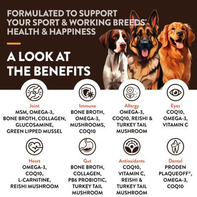 NaturVet, Breed Specific Sport & Working Breeds, suplemento integral para perros deportivos y de trabajo, 50 masticables