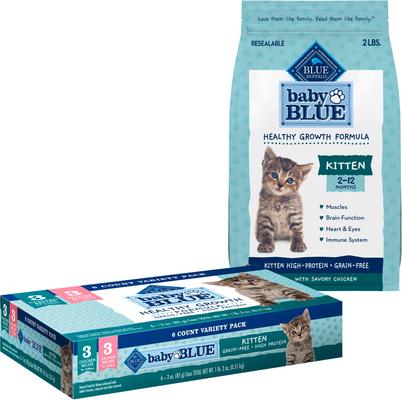 Bundle: Blue Buffalo Baby BLUE Healthy Growth Formula Grain-Free High Protein, Natural Kitten Dry Cat Food, Chicken & Pea Recipe 2-lb + Pate Wet Food Variety Pack, Chicken, Salmon