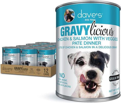 Comida húmeda enlatada para perros Gravylicious Chicken & Salmon Veggies Grain-Free Pate, lata de 12 oz, caja de 12