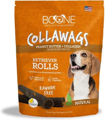 Golosinas masticables duras para perros Collawags Retriever Rolls con sabor a mantequilla de maní, bolsa de 6 oz