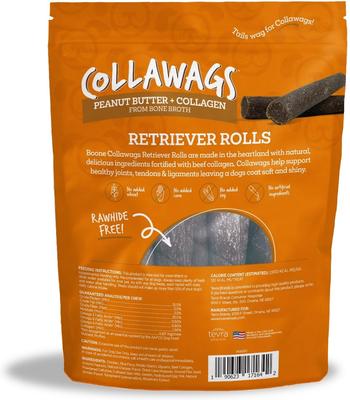 Golosinas masticables duras para perros Collawags Retriever Rolls con sabor a mantequilla de maní, bolsa de 6 oz