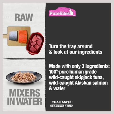Mixers 100% Wild Skipjack Tuna & Alaskan Salmon in Water Cat Food Topping, bandeja de 1.76 oz, caja de 12
