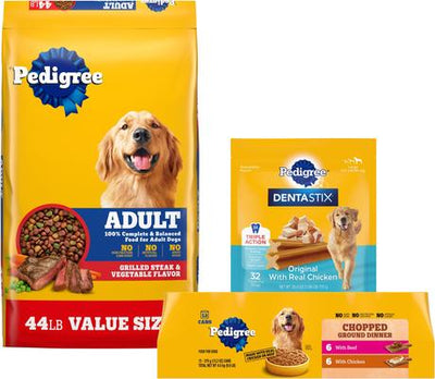 Bundle: Dog Food & Treats Starter Pack - Pedigree Steak & Vegetable Dry Food, Beef & Chicken Canned Food, Chicken Dental Treats
