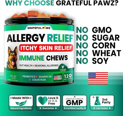 Itch & Allergy Relief with Probiotics & Omega-3 Fish Oil Chicken Flavored Chew Supplement for Dogs, 120 count