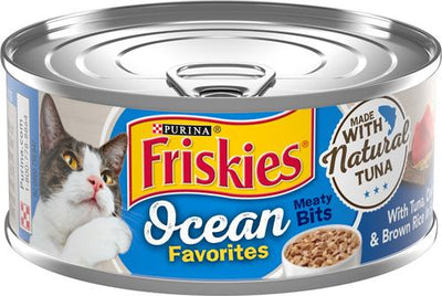 Comida húmeda natural para gatos Ocean Favorites Meaty Bits con atún, cangrejo y arroz integral, lata de 5.5 oz, caja de 24
