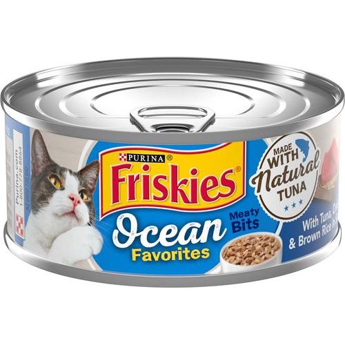 Comida húmeda para gatos Ocean Favorites Meaty Bits con salmón, camarones y arroz integral, lata de 5.5 oz, caja de 24