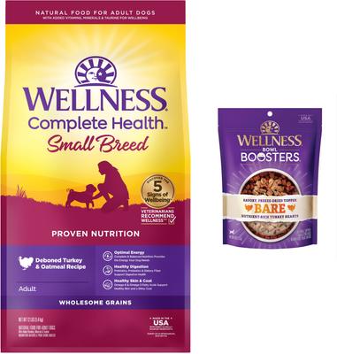 Paquete: Alimento seco para perros Wellness Small Breed Complete Health Adult Turkey & Oatmeal Recipe, bolsa de 12 lb + Mezclador o aderezo de alimento liofilizado para perros Wellness CORE Bowl Boosters Bare Turkey, bolsa de 4 oz