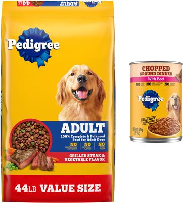 Paquete: Pedigree Chopped Ground Dinner con carne de res enlatada + Alimento seco para perros con sabor a carne a la parrilla y vegetales de nutrición completa