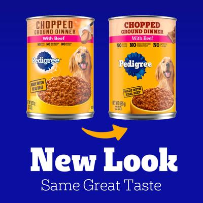 Paquete: Pedigree Chopped Ground Dinner con carne de res enlatada + Alimento seco para perros con sabor a carne a la parrilla y vegetales de nutrición completa