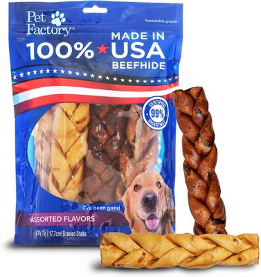 Palitos trenzados Beefhide de 7 pulgadas, paquete variado, masticables duros para perros con sabor a carne de res y pollo, 6 unidades