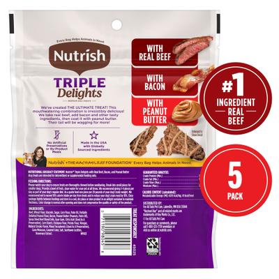 Triple Delights with Real Beef, Bacon, & Peanut Butter Jerky Dog Treats, 4.5-oz pouch, Pack of 5 (Rachael Ray)