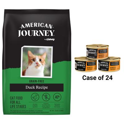 Bundle: American Journey Duck Recipe Grain-Free Dry Cat Food, 12-lb bag & Minced Poultry & Seafood in Gravy Variety Pack Grain-Free Canned Cat Food, 3-oz, case of 24