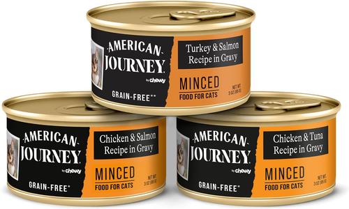 Bundle: American Journey Duck Recipe Grain-Free Dry Cat Food, 12-lb bag & Minced Poultry & Seafood in Gravy Variety Pack Grain-Free Canned Cat Food, 3-oz, case of 24