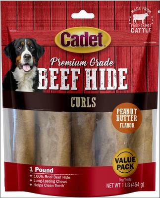 Premium Beef Hide Curls Peanut Butter Flavor Dog Chews, 1-lb