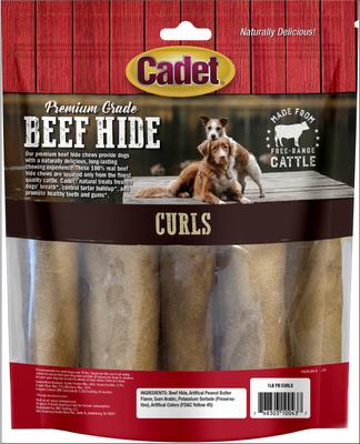 Premium Beef Hide Curls Peanut Butter Flavor Dog Chews, 1-lb