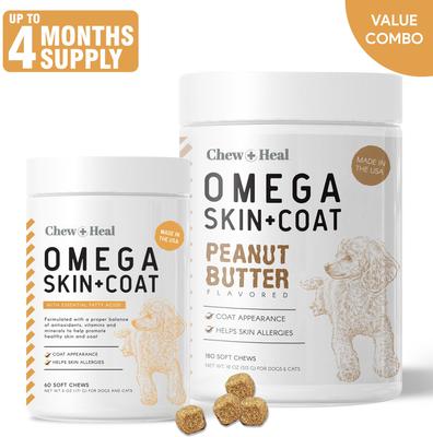 Omega Skin + Coat 60 Original & 180 Peanut Butter Flavored Soft Chew Bundle Supplement for Dogs, 240 count