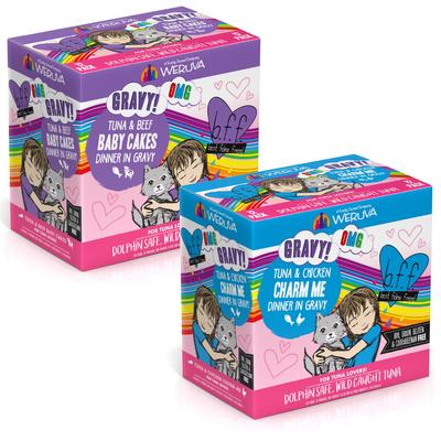 Bundle: BFF Tuna & Beef Baby Cakes Dinner in Gravy + Tuna & Chicken Charm Me Dinner in Gravy Wet Cat Food Pouches