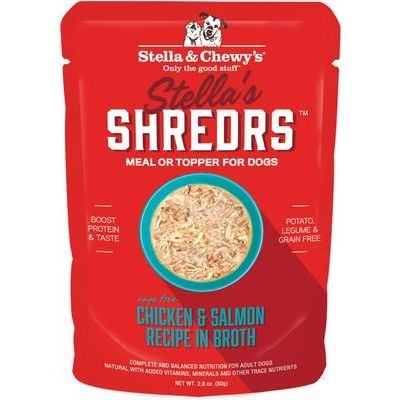 Alimento húmedo para perros adultos Stella’s Shredrs con pollo y salmón en caldo, sin jaula, bolsa de 2.8 oz, caja de 24