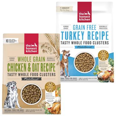 Paquete: Alimento seco The Honest Kitchen Turkey Whole Food Clusters + Alimento integral para perros con pollo y avena