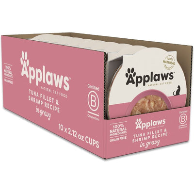 Alimento Húmedo Cups, Filete de Atún y Camarón Recipe en Gravy. 60 g, caja de 10. - Applaws