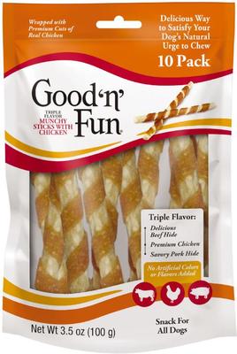 Chicken Wrapped Triple Flavor Munchy Sticks Chicken, Pork Hide & Beef Hide Dog Treat Chews, 10 count