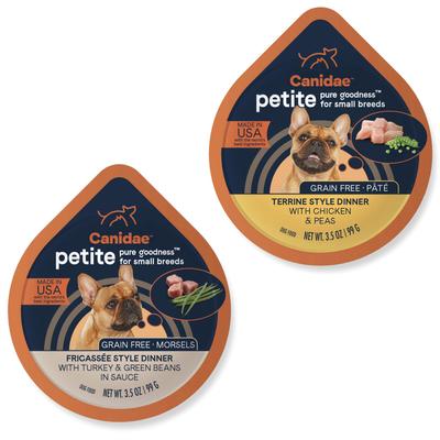 Bundle: CANIDAE PURE Petite Small Breed Fricassee Style Dinner with Turkey & Green Beans + Small Breed Terrine Style Dinner with Chicken & Peas Wet Dog Food Trays