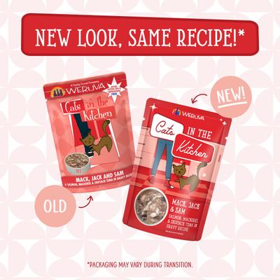 Cats in the Kitchen Mack, Jack & Sam Salmon, Mackerel & Tuna Recipe Grain-Free Cat Food Pouches, 3-oz pouch, case of 12