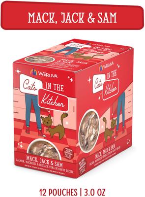 Cats in the Kitchen Mack, Jack & Sam Salmon, Mackerel & Tuna Recipe Grain-Free Cat Food Pouches, 3-oz pouch, case of 12