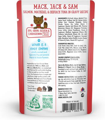 Cats in the Kitchen Mack, Jack & Sam Salmon, Mackerel & Tuna Recipe Grain-Free Cat Food Pouches, 3-oz pouch, case of 12