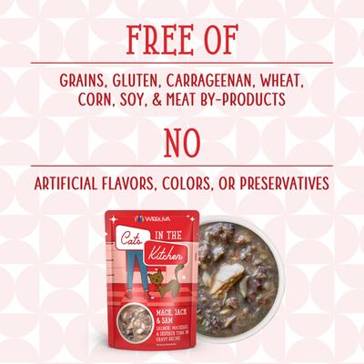 Cats in the Kitchen Mack, Jack & Sam Salmon, Mackerel & Tuna Recipe Grain-Free Cat Food Pouches, 3-oz pouch, case of 12