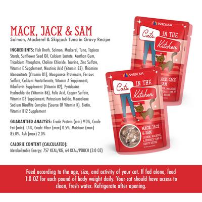 Cats in the Kitchen Mack, Jack & Sam Salmon, Mackerel & Tuna Recipe Grain-Free Cat Food Pouches, 3-oz pouch, case of 12