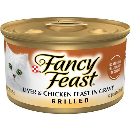 Comida enlatada para gatos Grilled Liver & Chicken Feast in Gravy, 3 oz, caja de 24