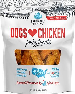 Tiras de cecina sin cereales USA Dogs Love Chicken, premios para perros, bolsa de 3 lb