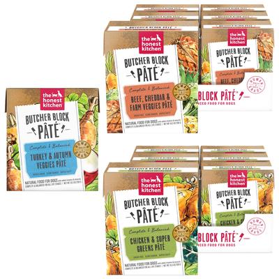 Bundle: Variety Pack - The Honest Kitchen Butcher Block Pate Chicken & Super Greens Pate Wet Dog Food, 10.5-oz, case of 6, Beef, Cheddar & Farm Veggies & Turkey & Autumn Veggies Flavors