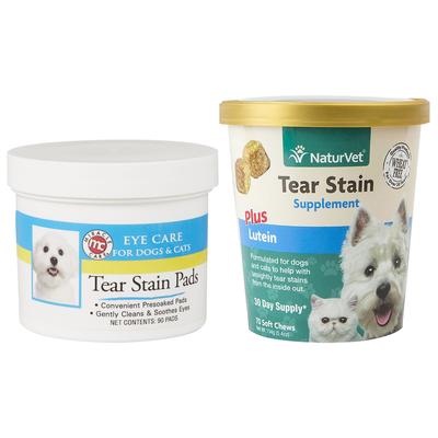Bundle: NaturVet Tear Stain Plus Lutein Soft Chews Vision Supplement + Miracle Care Eye Clear Cleaning Pads for Dogs & Cats, 90 count