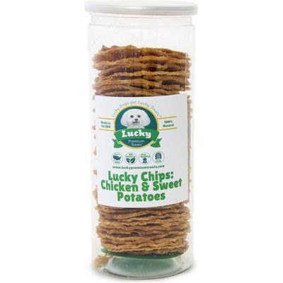 Premio Lucky Chips de pollo y boniato para perros, frasco de 170 g